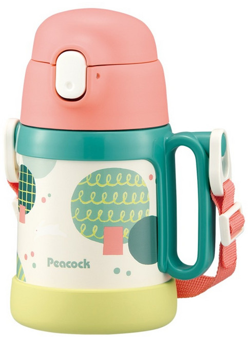 Peacock 日本孔雀 耐衝擊底座 水杯 + 吸管兩用 兒童不鏽鋼保溫杯水壺 400ml 握把 + 背帶 粉色 1個