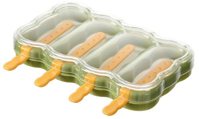 FaSoLa 4格1體食品級矽膠 雪糕模具冰棒製冰盒 DIY水果冰棒模具 附防塵蓋 綠色 1組