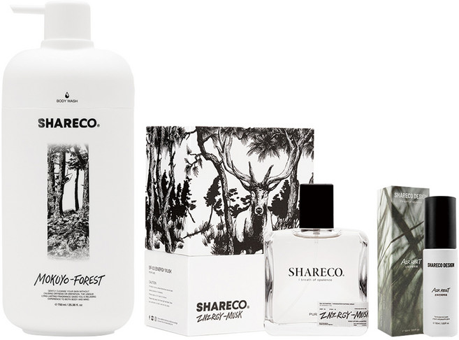 SHARECO 品牌明星3件組 能量麝香香水 + 木曜森林沐浴膠 + 去味空間噴霧, 1組