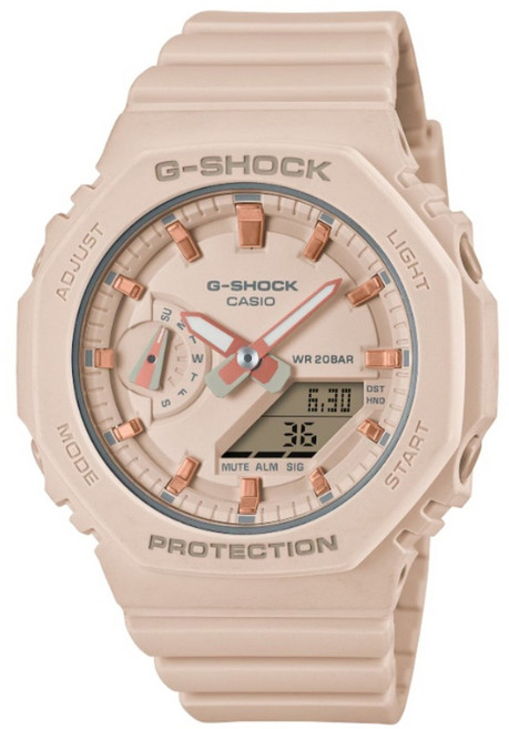CASIO 卡西歐 G-SHOCK 奶茶粉輕巧八角雙顯錶 GMA-S2100-4ADR