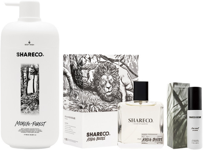 SHARECO 品牌明星3件組 大麻麝香香水 + 木曜森林沐浴膠 + 去味空間噴霧, 1組