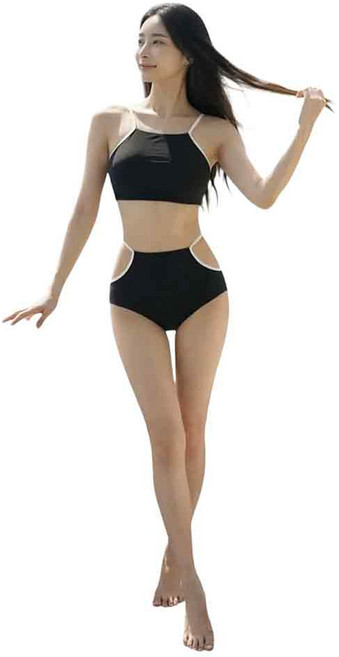 SEASONSBIKINI 削肩線條高腰泳衣 18, 黑色