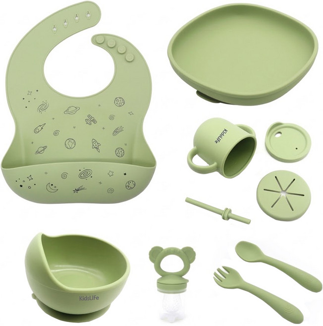 KidsLife 寶寶餐具彌月禮盒7件組 B款, 橄欖綠, 1套, 矽膠圍兜 + 矽膠餐盤 + 矽膠餐碗 + 矽膠杯 + 矽膠餵食奶嘴+ 矽膠勺 + 矽膠叉