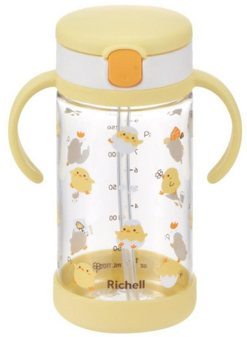 Richell 利其爾 Aqulea第5代吸管水杯 含底座 小雞咕咕, 黃色, 1個, 320ml