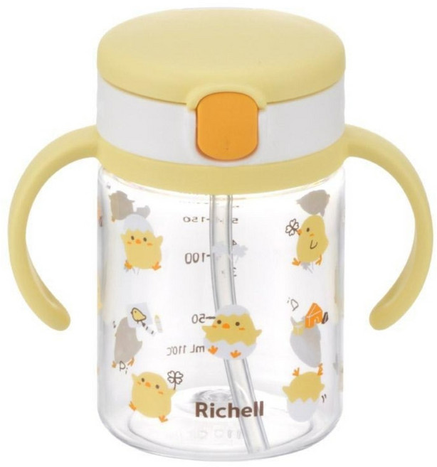 Richell 利其爾 Aqulea第5代吸管水杯 小雞咕咕, 黃色, 1個, 200ml