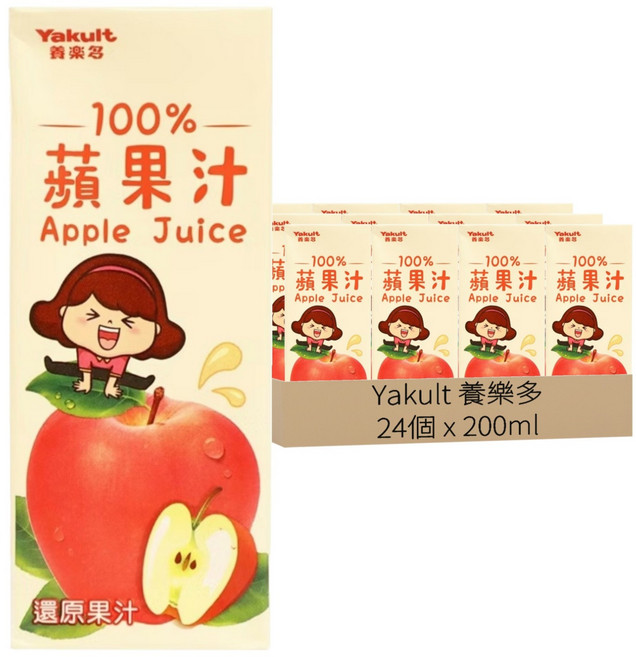 Yakult 養樂多 100%蘋果汁, 24個, 200ml