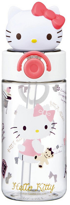 Skater Hello Kitty 兒童 提環吸管隨行水瓶 470ml 透明 一鍵彈蓋 防漏安全鎖 大頭造型公仔 白色 1個