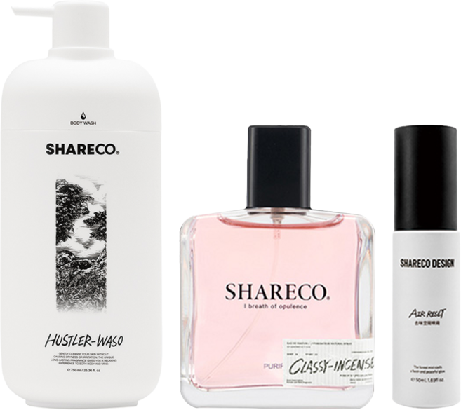 SHARECO 品牌明星3件組 焚香草香水 + 菸草香沐浴膠 + 去味空間噴霧, 1組