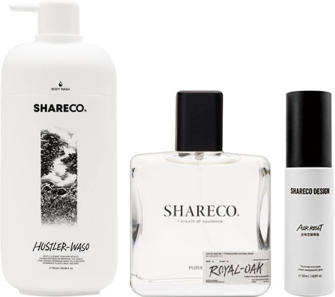 SHARECO 品牌明星3件組 皇家橡樹香水 + 菸草香沐浴膠 + 去味空間噴霧, 1組