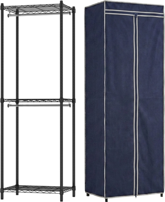 KI WISH 居家生活 三層衣櫥架 60 x 46 x 180cm + 衣櫥布套, 黑色 雙桿 + 經典藍