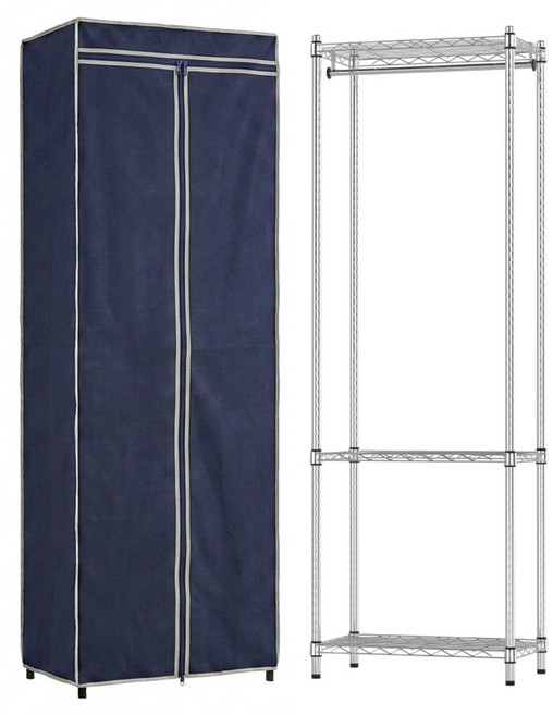 KI WISH 居家生活 三層衣櫥架 60 x 35 x 180cm + 衣櫥布套, 銀色 單桿 + 經典藍
