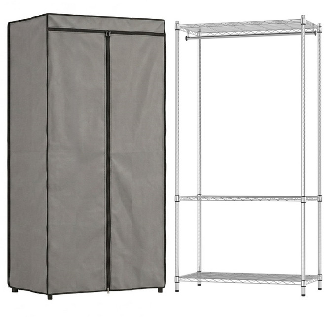 KI WISH MIT 銀色 單桿 鐵架三層衣櫥架 90 x 46 x 180cm + 亮灰色 衣櫥布套 46cm + 簡易收納衣櫃