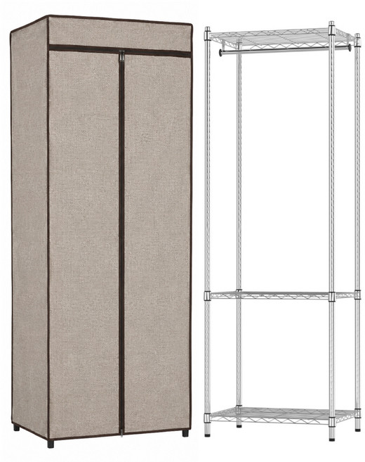 KI WISH 居家生活 三層衣櫥架 60 x 46 x 180cm + 衣櫥布套, 銀色 單桿 + 摩卡棕