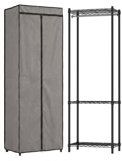 KI WISH 居家生活 三層衣櫥架 60 x 35 x 180cm + 衣櫥布套, 黑色 單桿 + 亮灰色