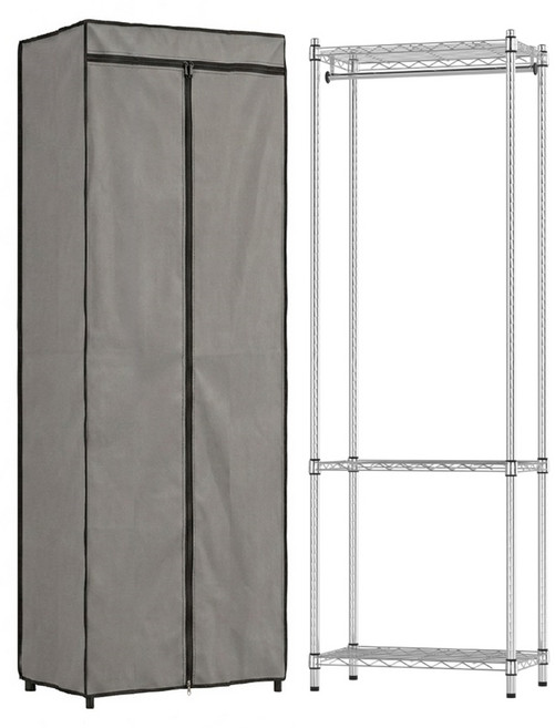 KI WISH 居家生活 三層衣櫥架 60 x 35 x 180cm + 衣櫥布套, 銀色 單桿 + 亮灰色