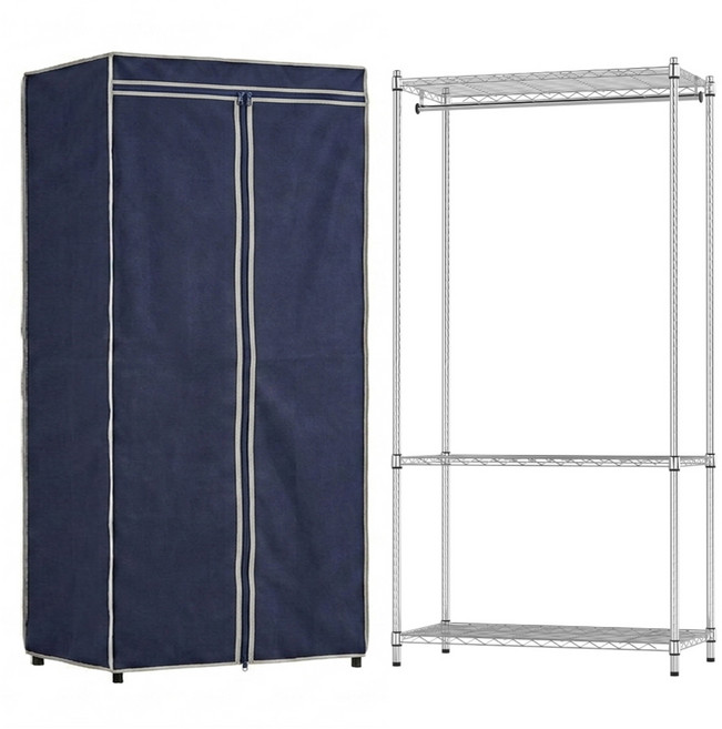 KI WISH 居家生活 MIT 台灣製造 銀色 單桿 90 x 46 x 180cm 三層鐵架衣櫥架 收納衣櫃 吊衣架 + 衣櫥布套 + 經典藍 46cm