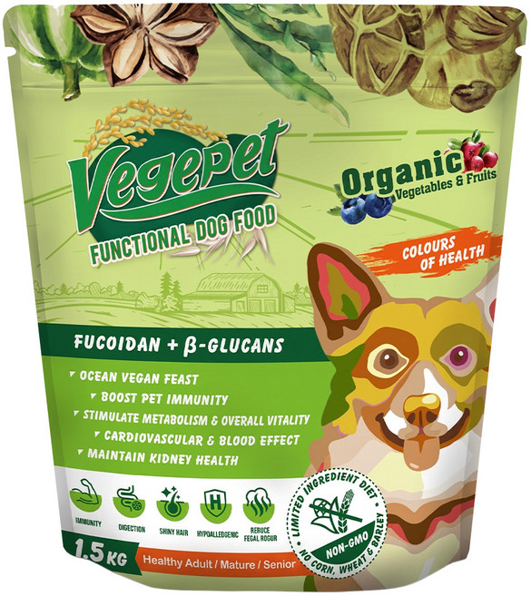 VegePet 維吉 機能性狗食 HVP + 褐藻 + 葡聚醣 成犬/老犬素食狗飼料, 1.5kg, 1個, 免疫力/抗氧化