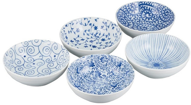 西庵窯 染色五花紋小碗 5入組, 靛藍, 1套