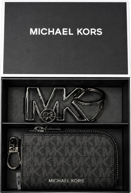 MICHAEL KORS 經典老花logo零錢包 + LOGO金屬吊飾禮盒