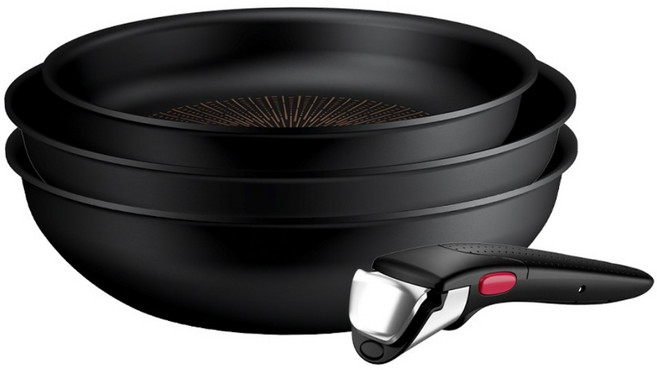 Tefal 特福 精悍巧變精靈系列 鍋具4件組 熔岩黑 9倍耐用塗層 不沾鍋 可拆式鍋具 適用烤箱 硬悍鍋 1套 28cm炒鍋 + 28cm平底鍋 + 24cm平底鍋 + 可拆式把手