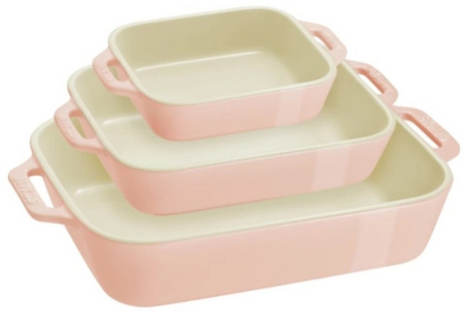 staub 馬卡龍長方型陶盤3件組, 豆沙粉, 1套, 烤盤 400ml + 1000ml + 2400ml