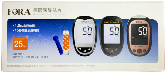 FORA 福爾 尿酸試紙 附25支採血針 福爾試紙 福爾旗艦6合1測試儀使用, 1個, 25片