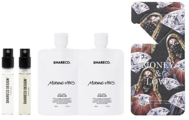 SHARECO 品牌體驗組 針管 茶香水 + 針管 極夜香水 + 奇蹟罌粟 MONEY & LOVE 香水吊卡 + 雪松麝香沐浴膠體驗組 2個, 1組