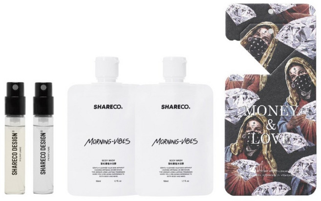 SHARECO 品牌體驗組 針管 大麻麝香香水 + 針管 灰燼香水 + 奇蹟罌粟 MONEY & LOVE 香水吊卡 + 雪松麝香沐浴膠體驗組 2個, 1組