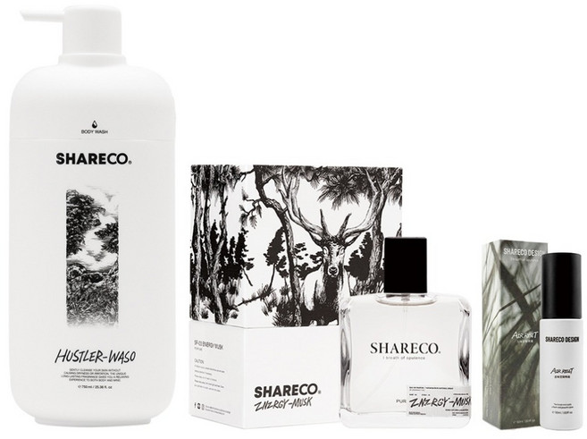 SHARECO 品牌明星組 能量麝香香水 + 菸草香沐浴膠 + 去味空間噴霧, 1組