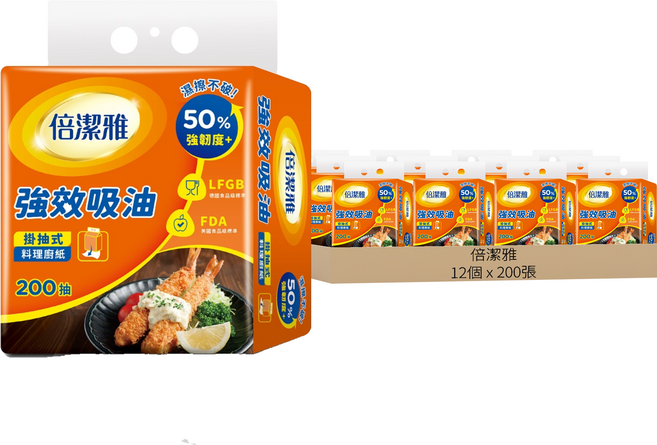 倍潔雅 強效吸油料理廚房紙巾, 12個, 200張