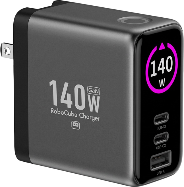 POLYWELL 寶利威爾 140W 雙USB-C + 1A 多模TFT數顯快充電源供應器 S014P08, 槍灰色, 1個