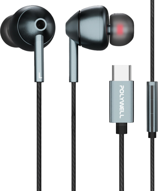 POLYWELL 寶利威爾 Type-C耳塞式HiFi有線耳機麥克風 美商32bit晶片 槍色 PW15-T65-0602 S010P01