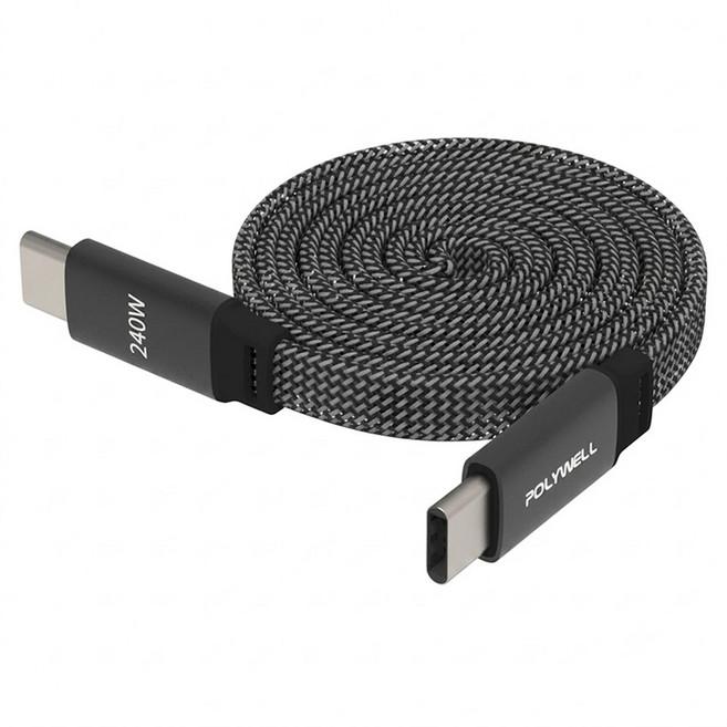 POLYWELL 寶利威爾 Type-C 240W 1m 磁吸收納快充扁線 可充筆電 適用i15以上手機 安卓 平板 黑色 1個 PW15-W45-A481