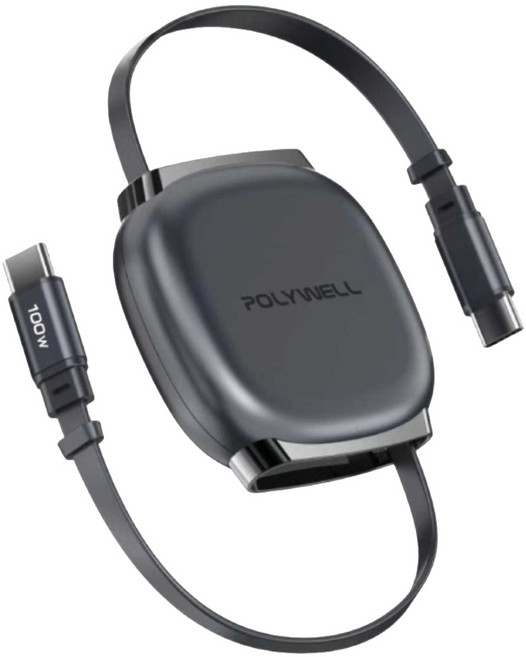 POLYWELL 寶利威爾 100W Type-C 伸縮快充線 1m 4檔長度調整 可充筆電 適用i15以上手機 平板 PW15-W45-A497 黑色 1個