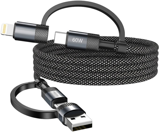 POLYWELL 寶利威爾 四合一磁吸收納快充線 Type-C-Type-C 含USB-A/Lightning轉接頭 PW15-W45-A464, 黑白色, 1個, 1m