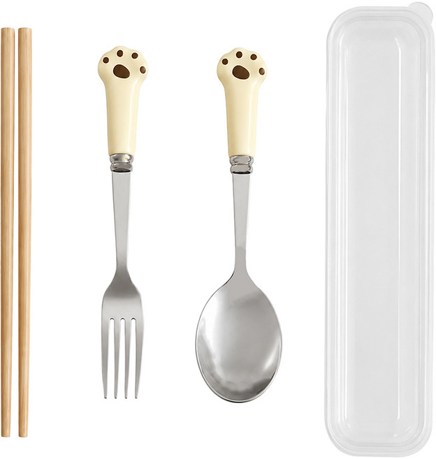 JOW BUY 蕉蕉購物 日式陶瓷造型不鏽鋼餐具3件組 湯匙 + 筷子 + 叉子 + 收納盒 便攜 附盒 午餐便當盒 米色 1套