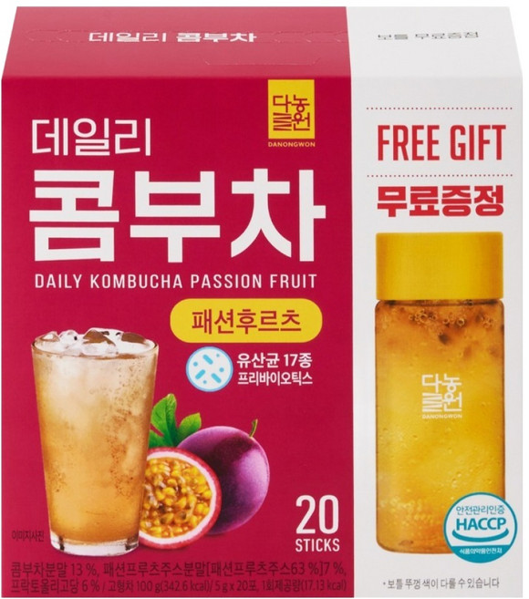 Danongwon 乳酸菌康普茶 + 瓶子 百香果, 20包, 5g, 1盒