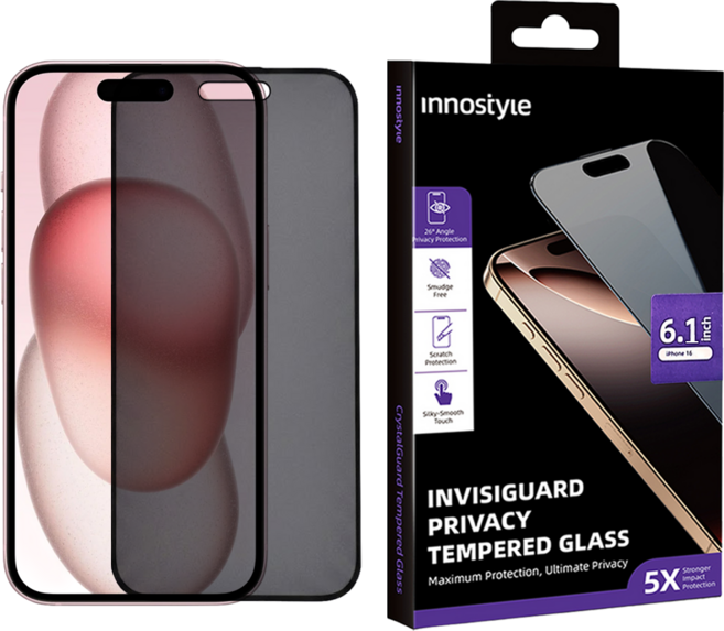 Innostyle Invisi系列 手機 鋼化玻璃 保護貼 iPhone 15/16 6.1吋 9H 防偷窺 防指紋 耐刮擦 黑色 1個
