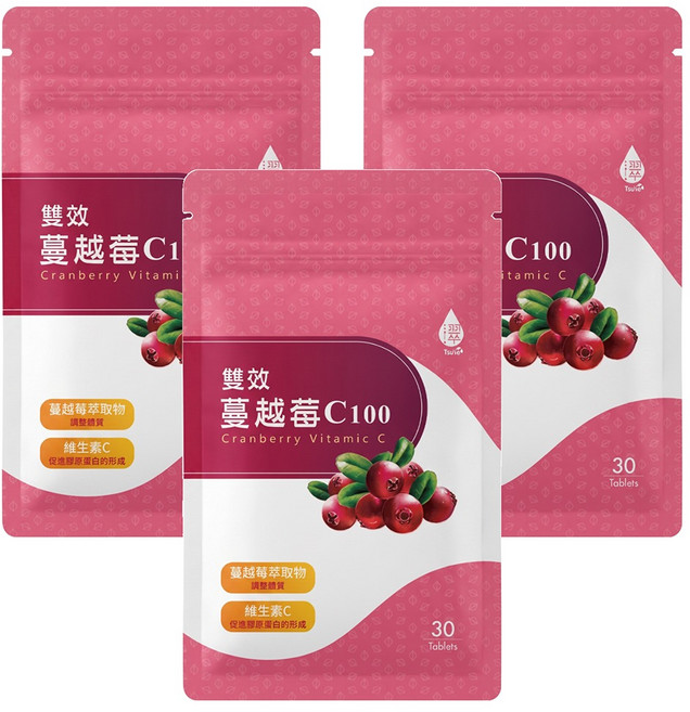 Tsuie 日濢 雙效蔓越莓 C100, 30顆, 750mg, 3包