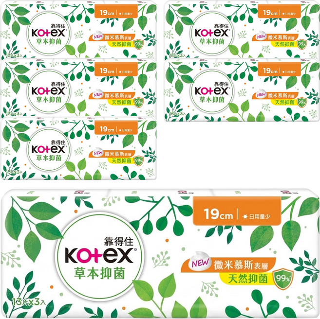 Kotex 靠得住 草本抑菌 衛生棉 微米慕斯表層 日用量少 60614 3包, 19cm, 39片, 6組