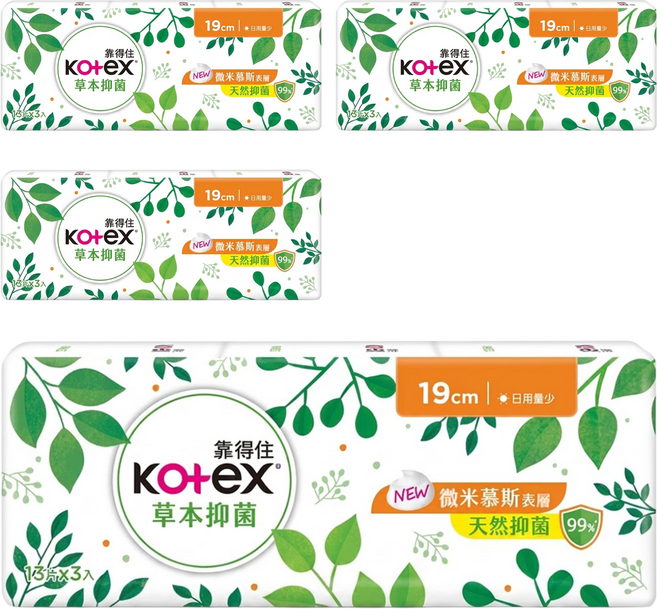 Kotex 靠得住 草本抑菌 衛生棉 微米慕斯表層 日用量少 60614 3包, 19cm, 39片, 4組