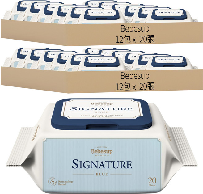 Bebesup Signature系列 嬰幼兒濕紙巾 掀蓋式 藍色, 20張, 24包