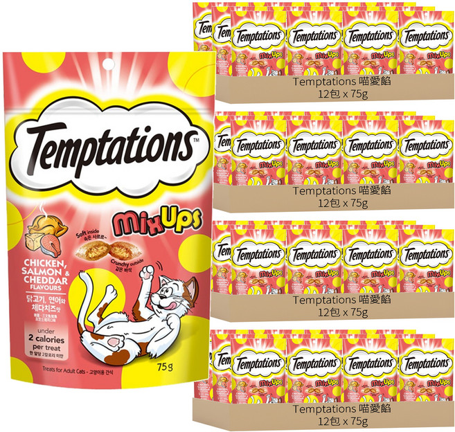 Temptations 喵愛餡 貓點心 三重奏, 雞肉 + 鮭魚 + 起司, 75g, 48包
