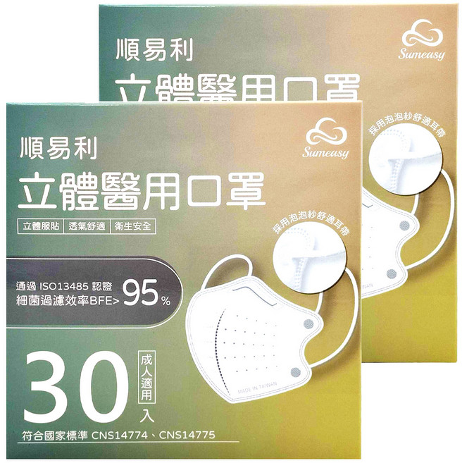 順易利 成人立體醫用口罩, 黑色, 30片, 2盒