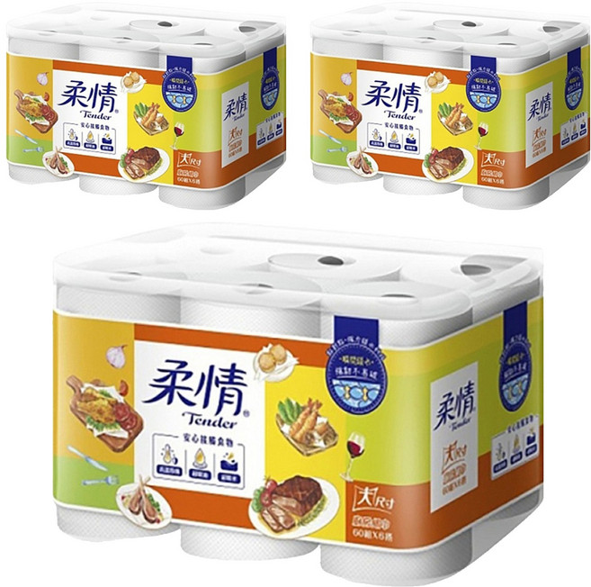 柔情 廚房紙巾 60張, 6捲, 3袋
