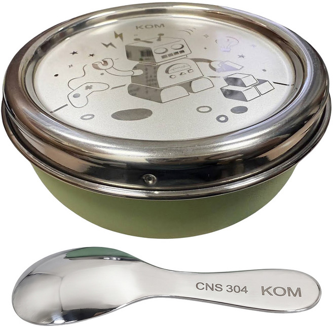 KOM 夢想系列 316不鏽鋼彩色磨砂兒童隔熱碗組附兒童匙, 機器人(綠), 11.5 x 5.8cm, 1組