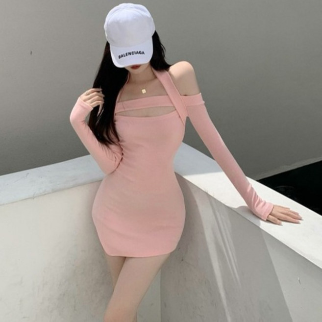 Goodif 女款扭結綁帶露肩開衩迷你連身裙, 粉紅色