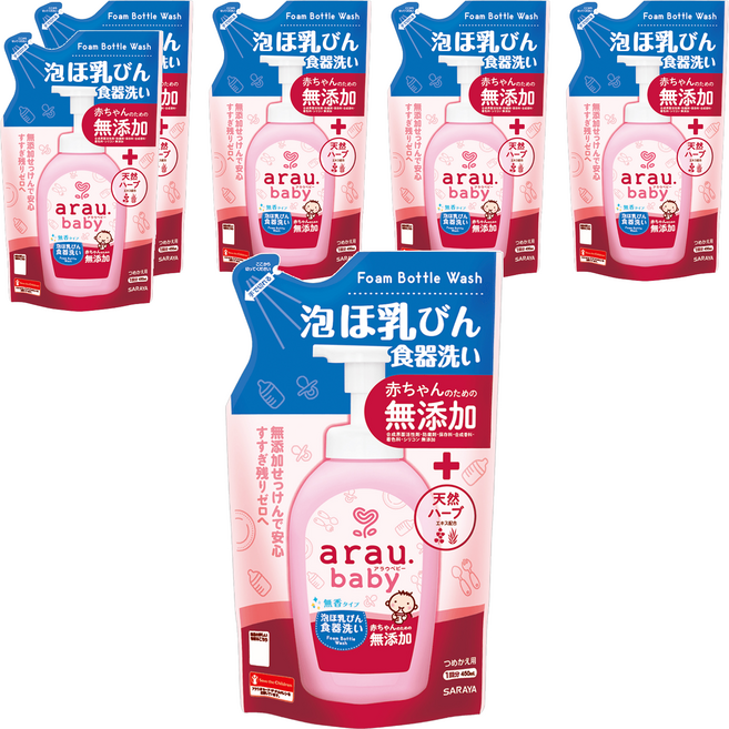 SARAYA arau. 愛樂寶 無添加奶瓶奶嘴清潔泡泡 補充包, 6包, 450ml