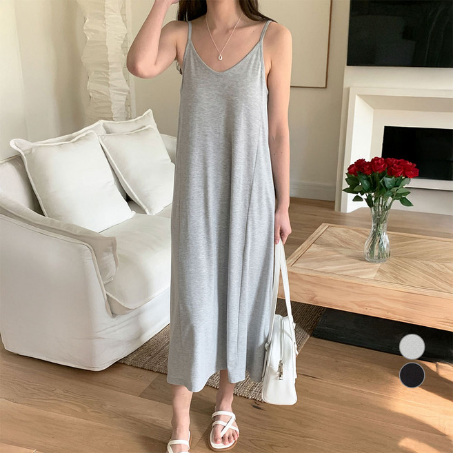 afinar 女款V領細肩帶長版洋裝, 麻灰色
