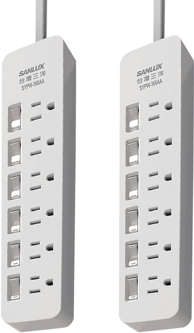 SANLUX 台灣三洋 平貼式安全延長線 3孔6開關6座, 1.8m, 白色, 2條